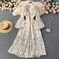 Balloon sleeve ruffle V neck pleated dress