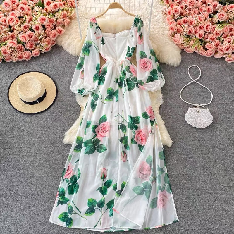 Bishop sleeve roses maxi slit dress