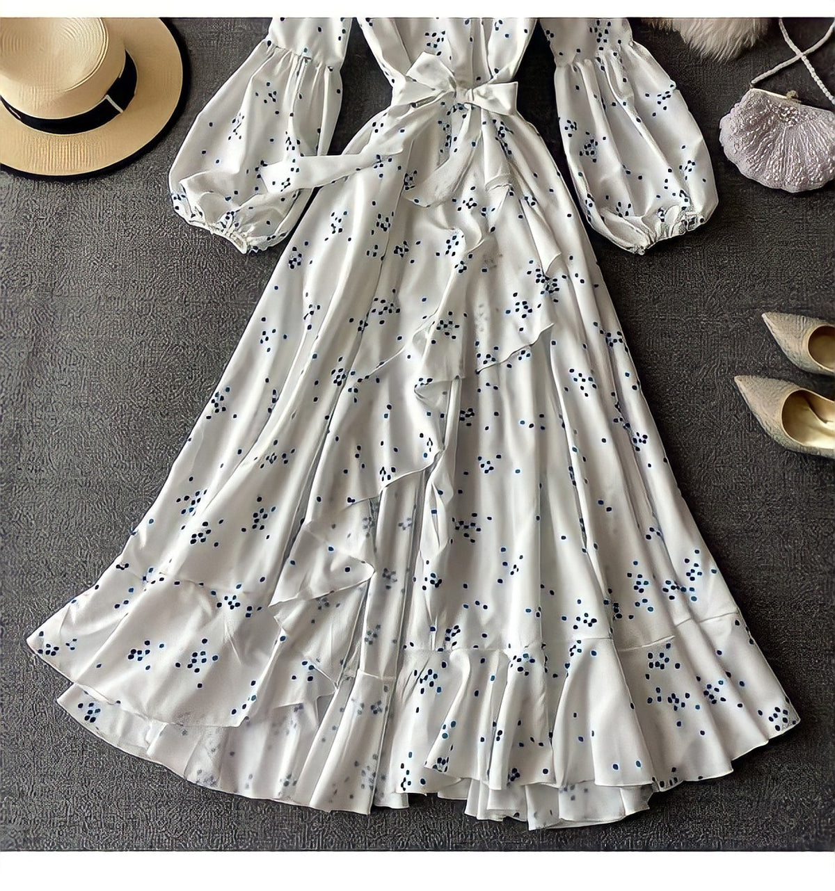 Asymmetrical ruffle wrap polka dot dress