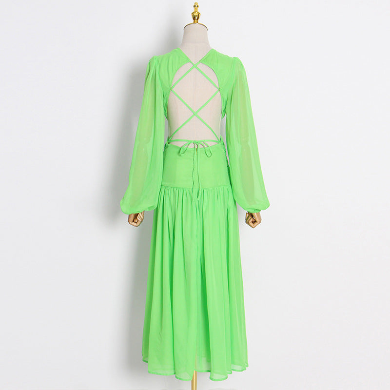Side ruffle lace up back green maxi dress