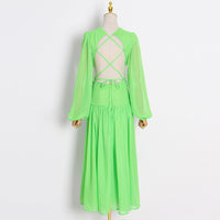 Side ruffle lace up back green maxi dress