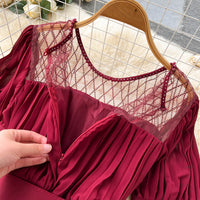 Belted round neck pleated midi dress