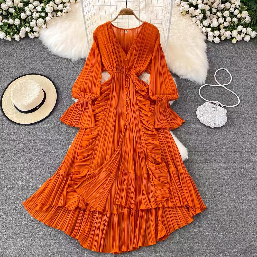 V neck button down side ruffle plisse midi dress