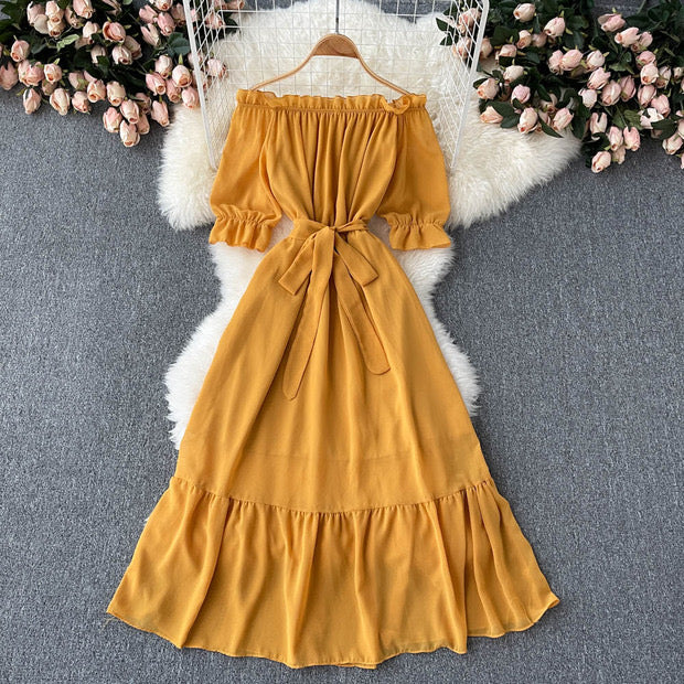 Flowy off shoulder belted maxi dress