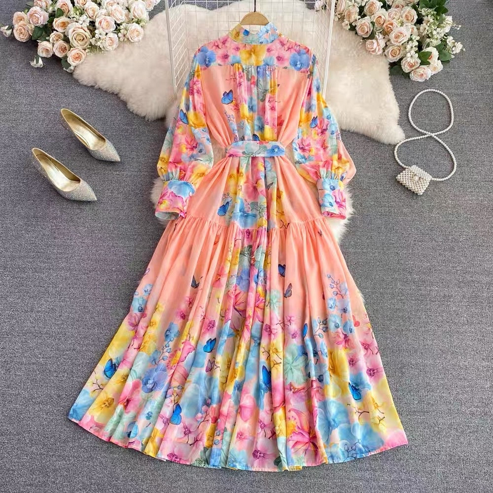 Belted button through floral chiffon maxi dress