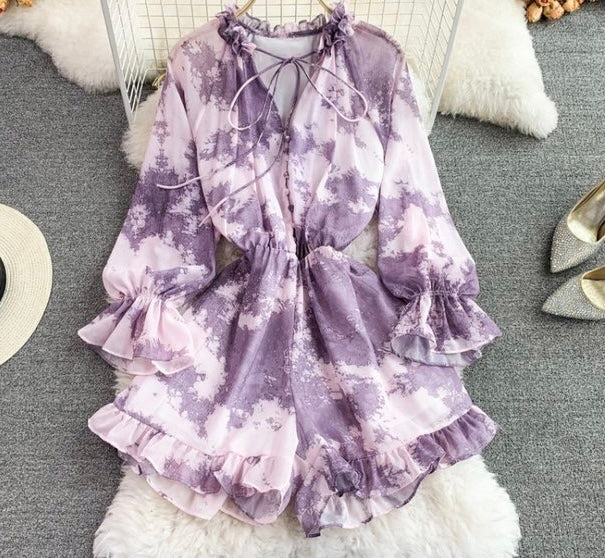 Long sleeve tie neck button up romper