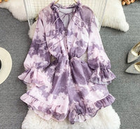 Long sleeve tie neck button up romper