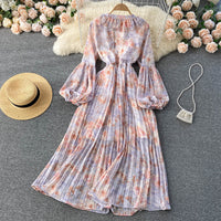 Balloon sleeve ruffle V neck pleated dress
