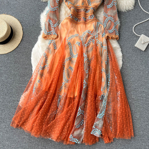 3D embroidery meshed lace maxi dress