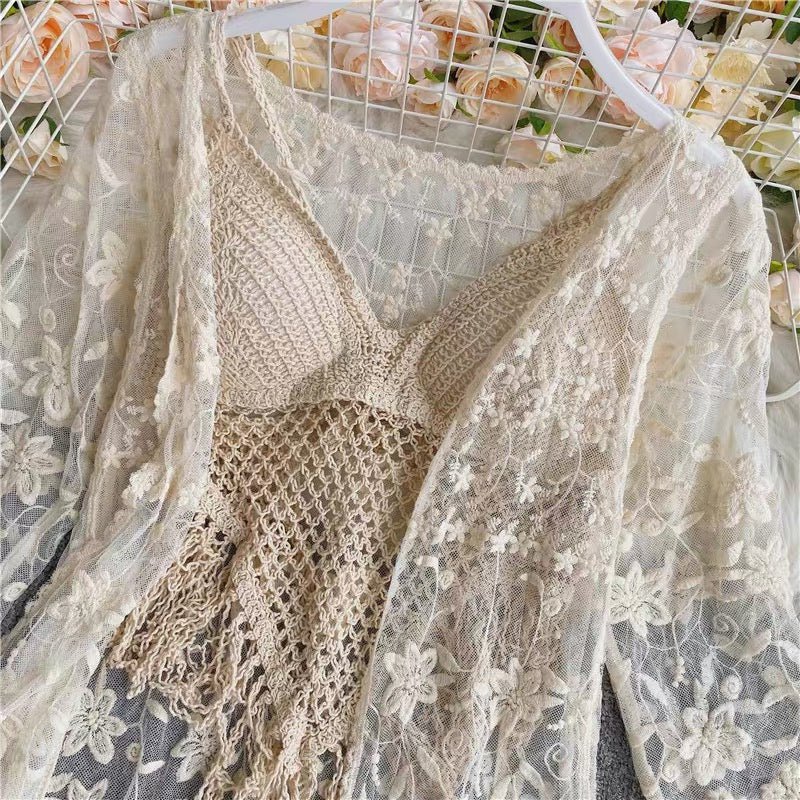 3 pieces embroidery lace tussle top beach set