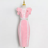 Lace up sleeveless ruffle embellished lace trim midi dress