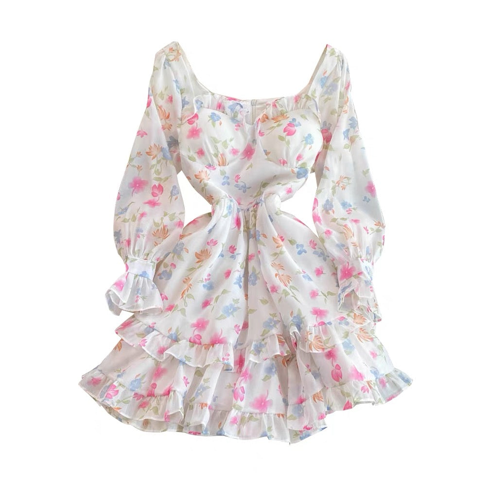 Sweetheart neckline ruffle floral mini dress