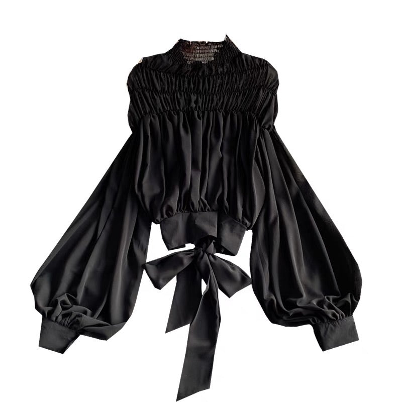 Bishop sleeve ruched neck tie waist top