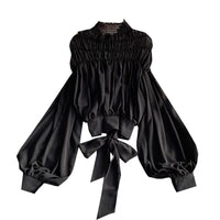 Bishop sleeve ruched neck tie waist top