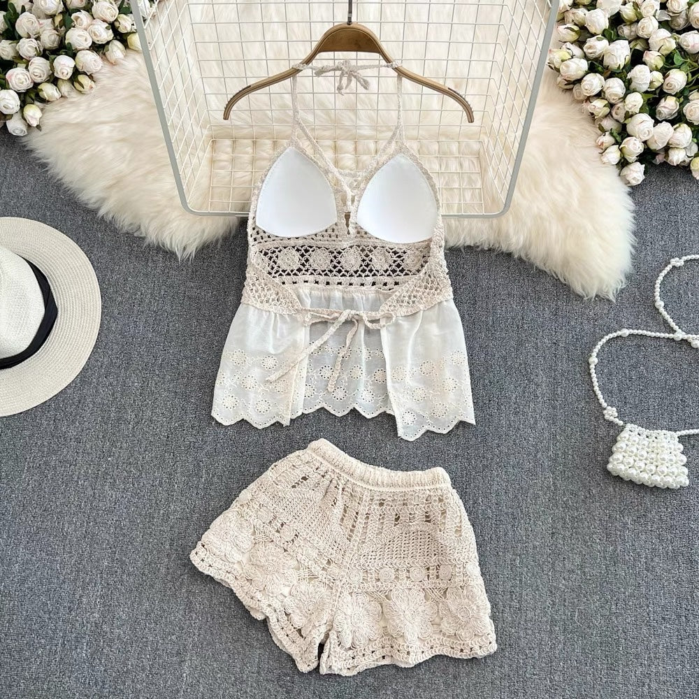 Embroidery lace cami swimming 2 pieces set