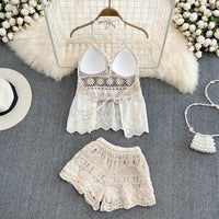 Embroidery lace cami swimming 2 pieces set