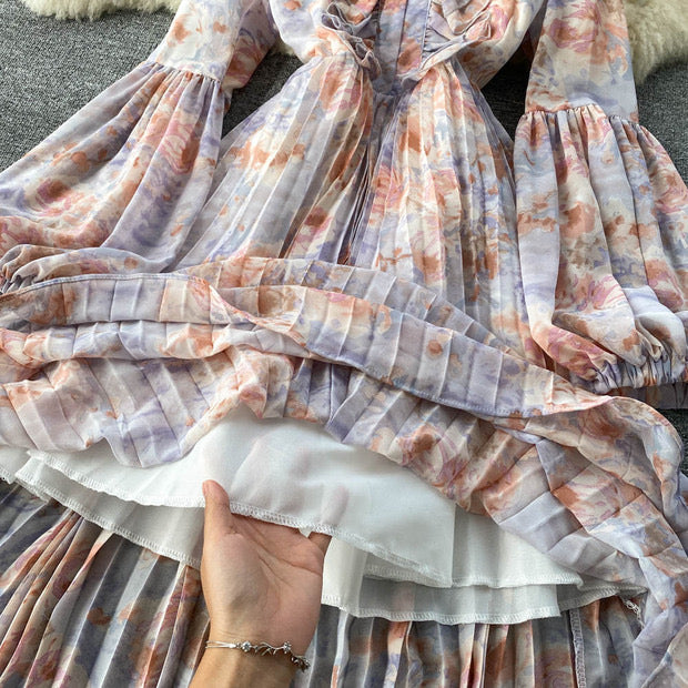 Balloon sleeve ruffle V neck pleated dress