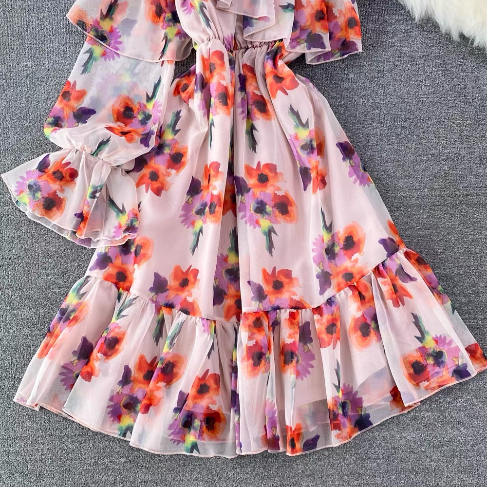 Poet sleeve one shoulder ruffle dress