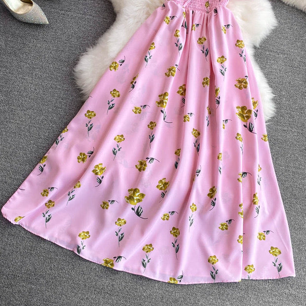Off shoulder shirred bodice floral maxi dress