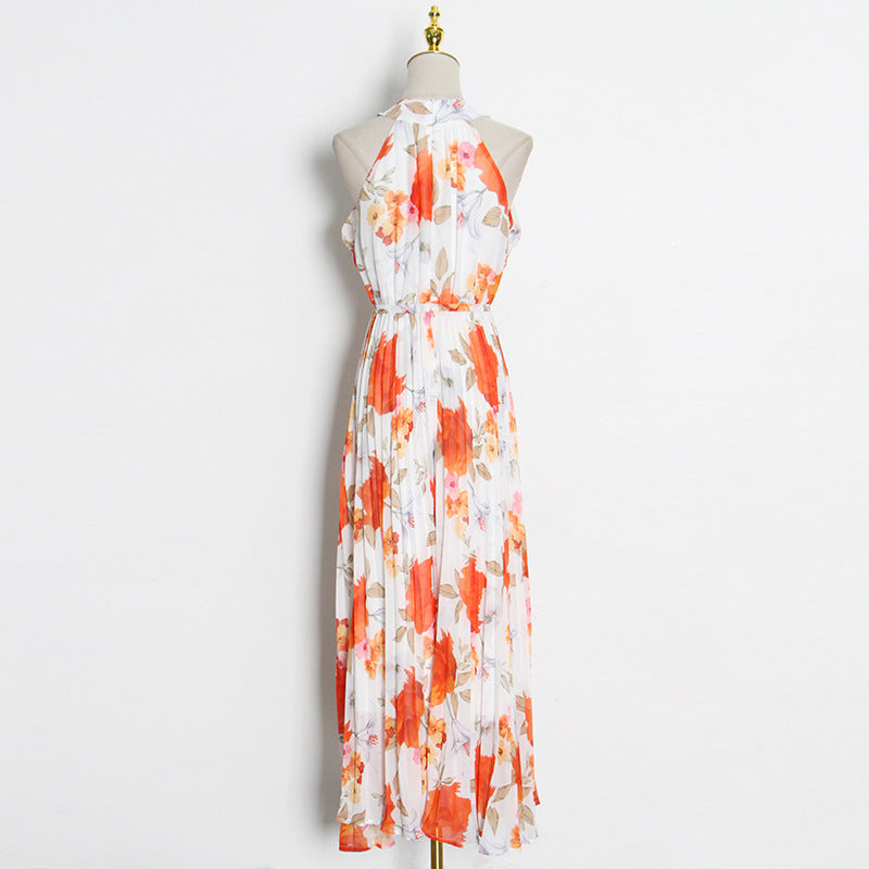 Halter crossover pleated maxi dress