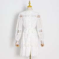 Belted button through embellished lace A line dress
