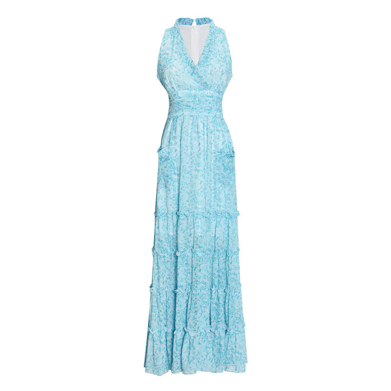 Beautiful ruffle tiered maxi chiffon dress in blue