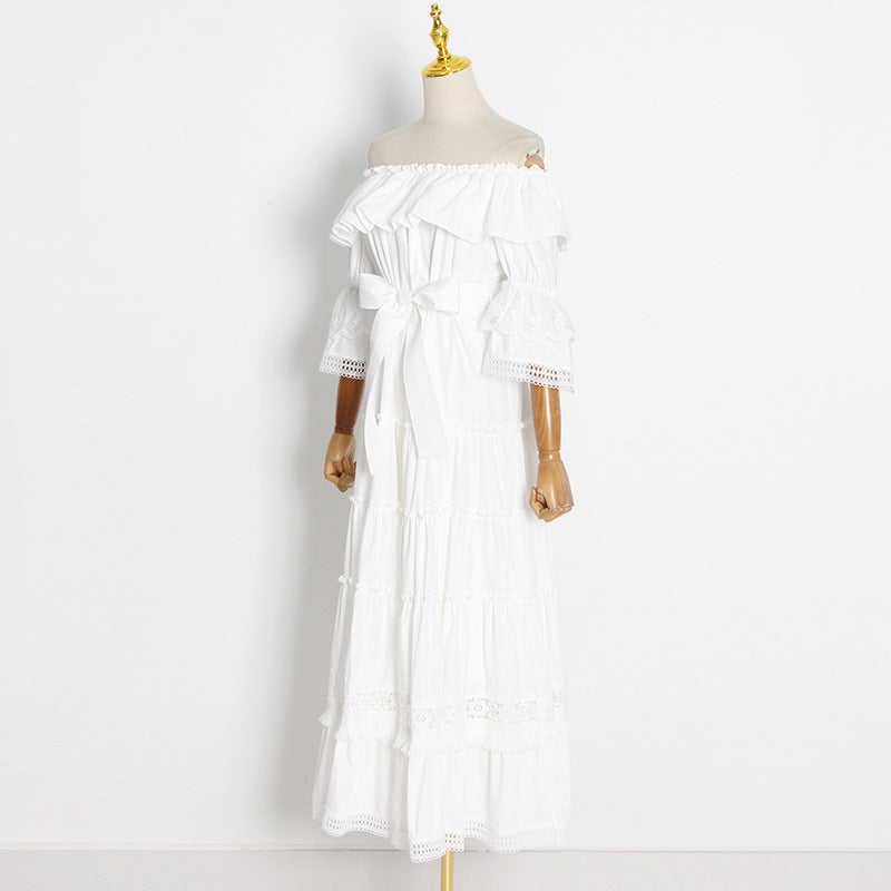 Flappy off shoulder embellished lace solid white maxi dress