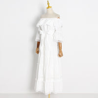 Flappy off shoulder embellished lace solid white maxi dress