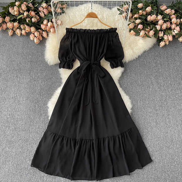 Flowy off shoulder belted maxi dress
