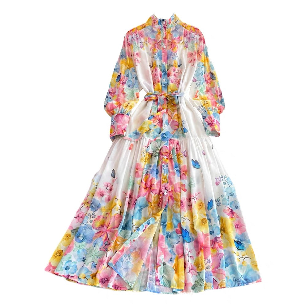 Belted button through floral chiffon maxi dress