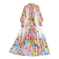 Belted button through floral chiffon maxi dress