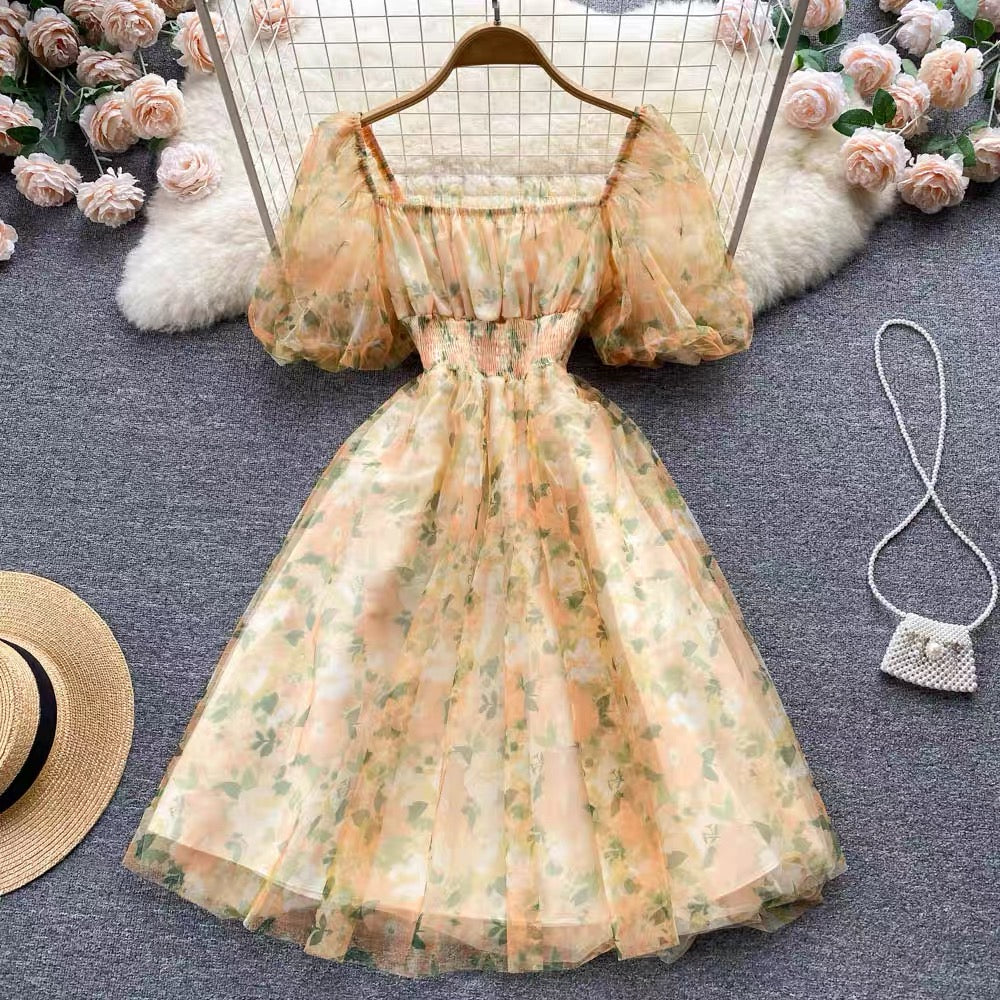Floral watercolour on mesh lace puff dress