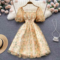 Floral watercolour on mesh lace puff dress