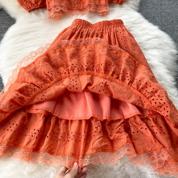 Off shoulder crop top and A line skirt set