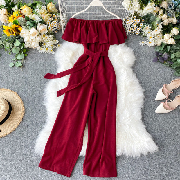 Off shoulder waist tie ruffle jumpsuit