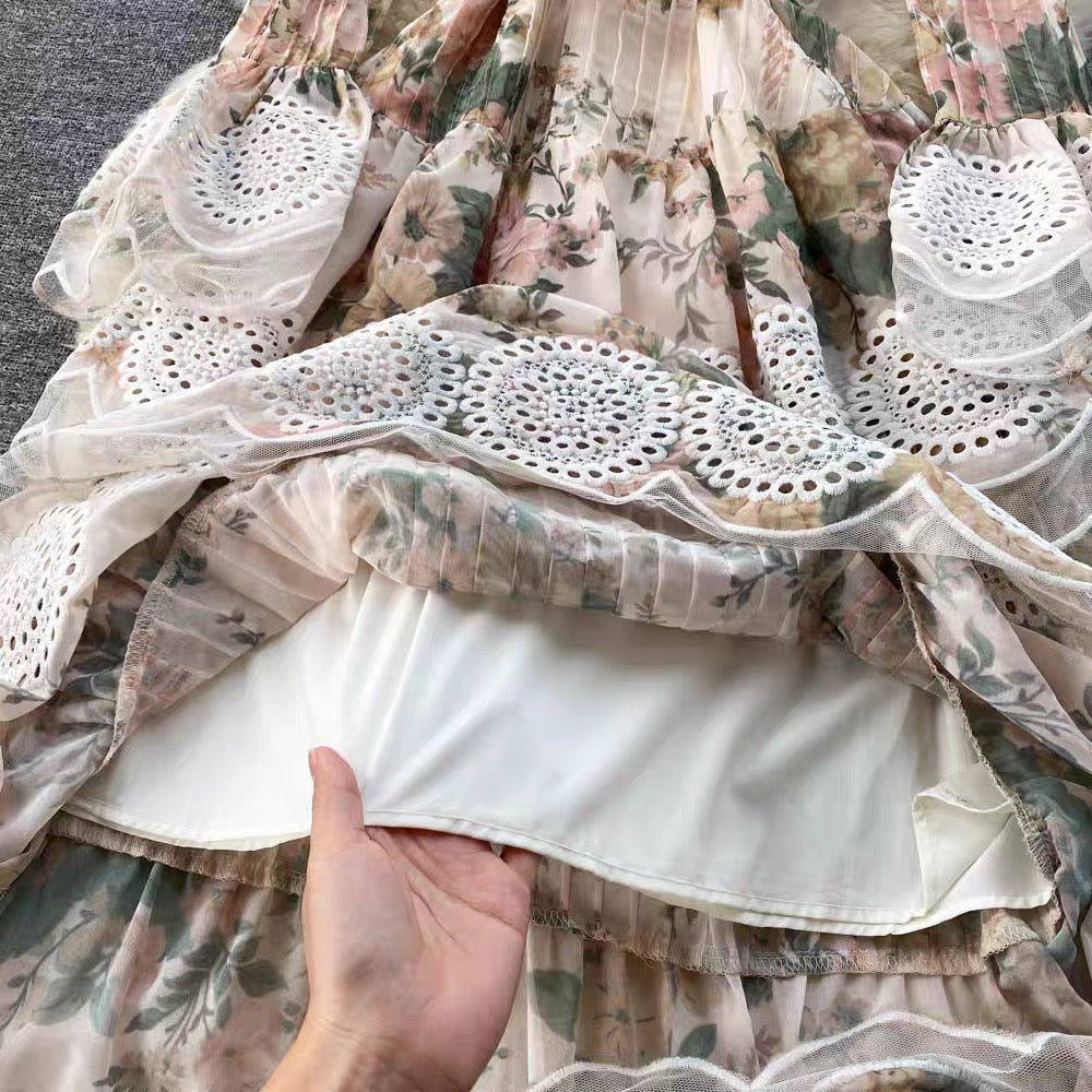Beautiful floral layers embellished lace trim midi dress