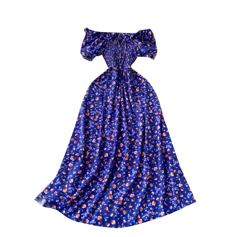 Off shoulder shirred bodice floral maxi dress