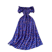 Off shoulder shirred bodice floral maxi dress