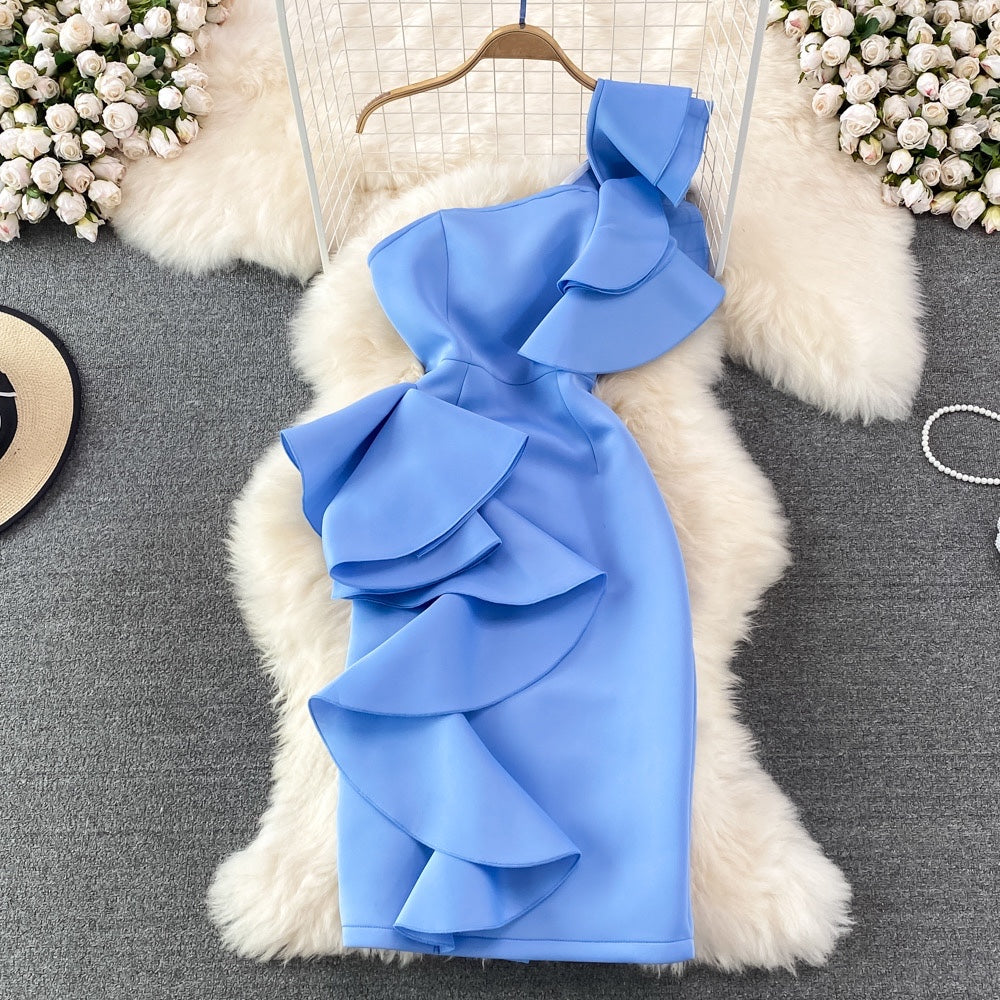 One shoulder side ruffle sheath dress