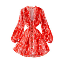 Peasant sleeve button through tie neck pleated dress