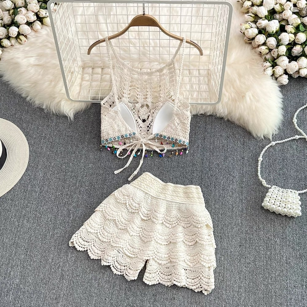 Embroidery lace halter 2 pieces swimming set