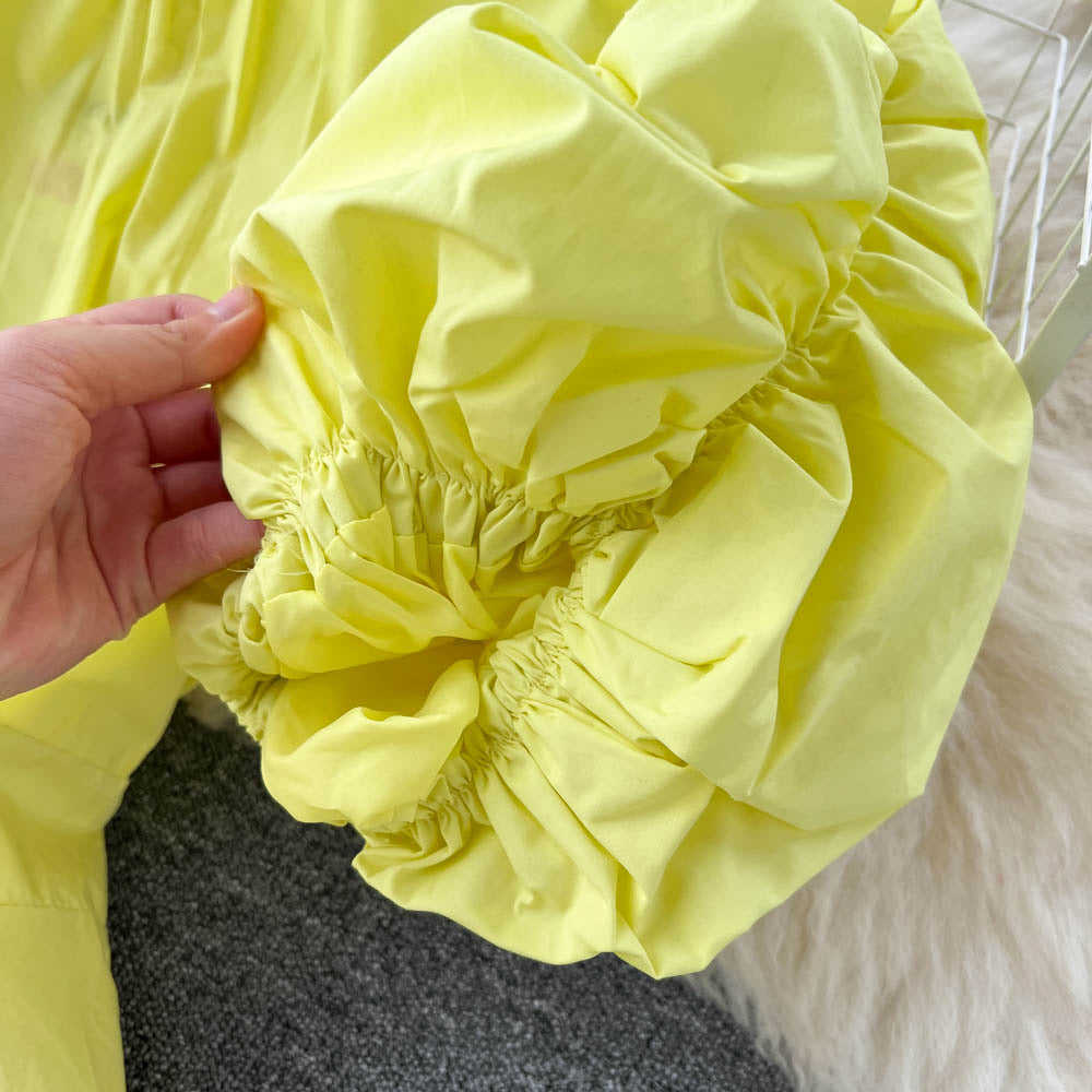 Puff sleeve mock neck solid colour midi dress