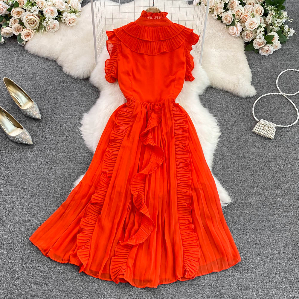 Pleated ruffle midi chiffon dress
