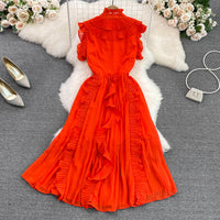 Pleated ruffle midi chiffon dress