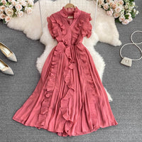 Pleated ruffle midi chiffon dress