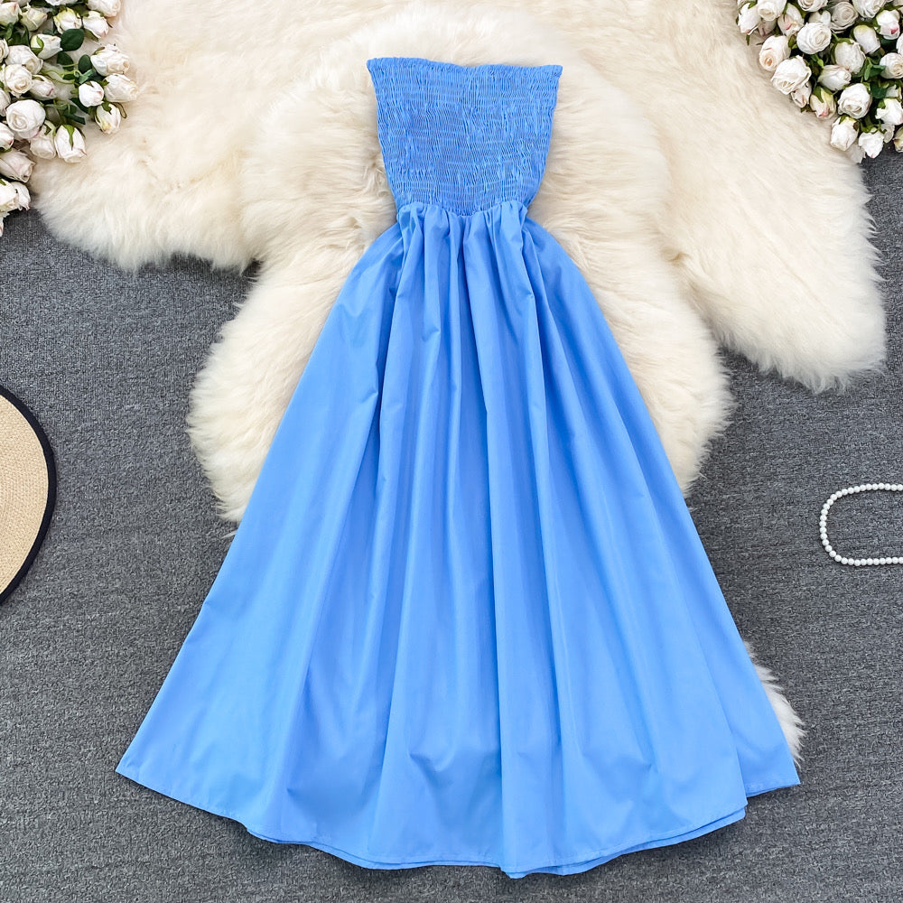 Strapless smocked bodice solid colour midi dress