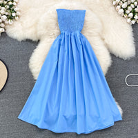 Strapless smocked bodice solid colour midi dress