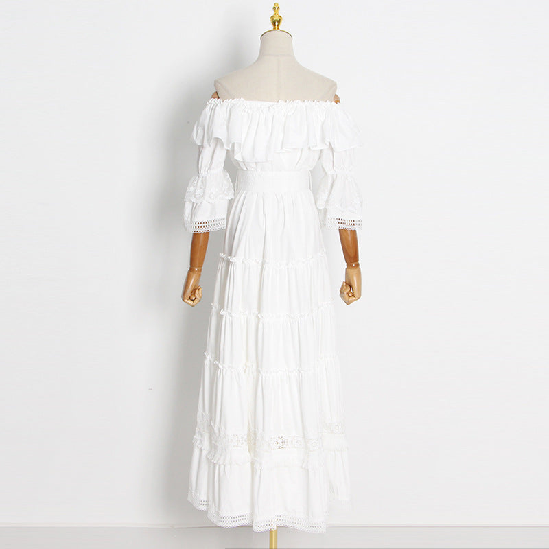 Flappy off shoulder embellished lace solid white maxi dress