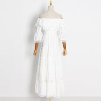 Flappy off shoulder embellished lace solid white maxi dress