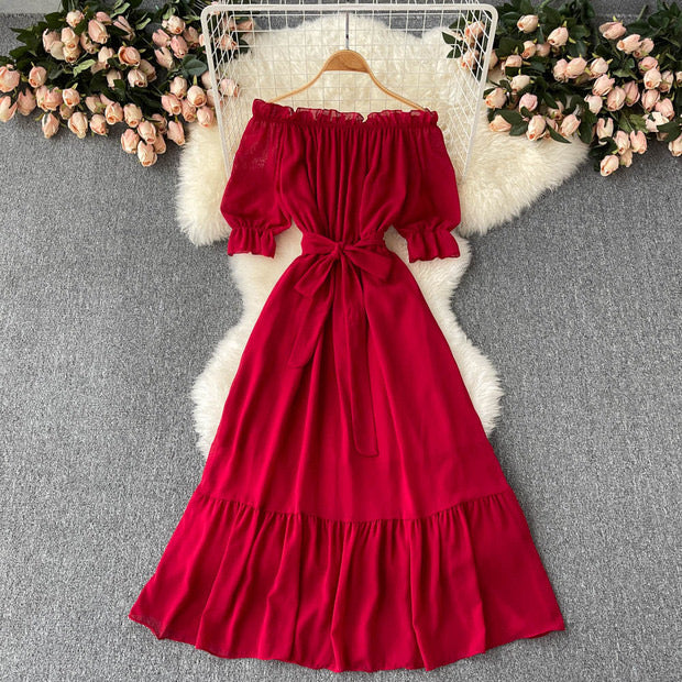 Flowy off shoulder belted maxi dress
